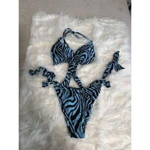 Peddney Women's Blue Zebra Print  2 Piece Swim Suit Bikini Sz XL Tie Side New